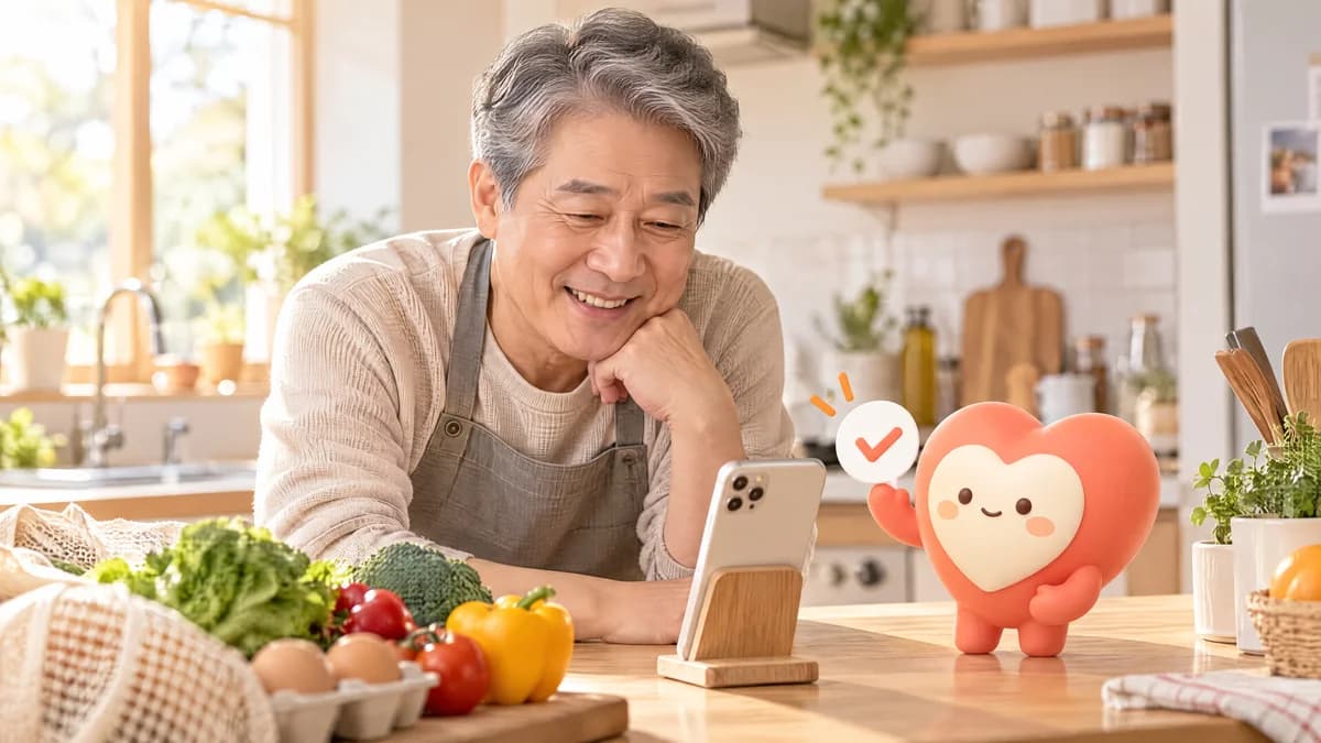 부엌에서 이음이와 함께 장보기 목록을 확인하는 부모님