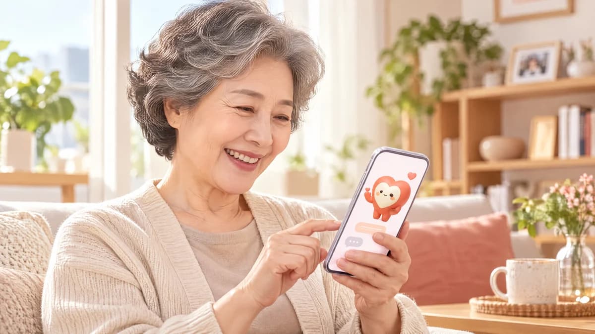 이음이를 다정하게 안고 스마트폰으로 대화하는 부모님